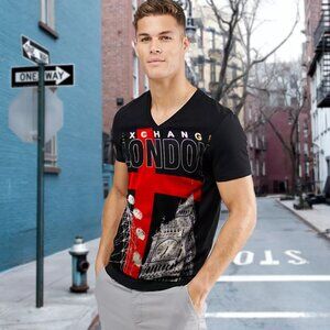 NWT EXCHANGE LONDON ENGLAND MEN'S BLACK V-NECK SHORT SLEEVE T-SHIRT SIZE S